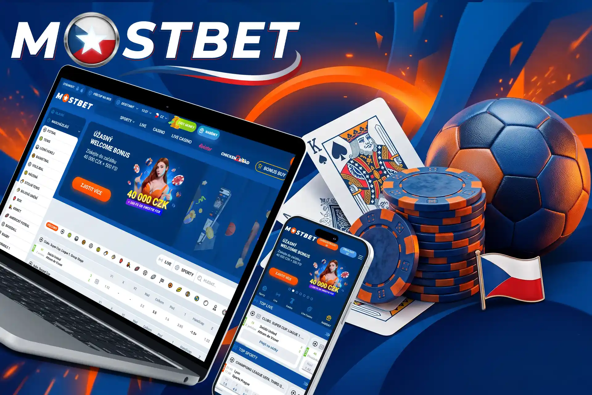 Przegląd platformy Mostbet na laptopie i smartfonie, widoczny bonus powitalny 40 000 CZK, piłka nożna, karty, żetony i flaga Czech